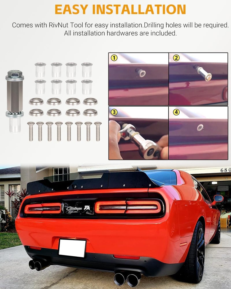 Sunluway Rear Wickerbill Spoiler for Dodge Challenger 2015-2024 SRT RT Hellcat Scat Pack with Backup Camera, 2 Pieces Add-on Type Wicker Bill Spoiler with RivNut Tool - Image 4
